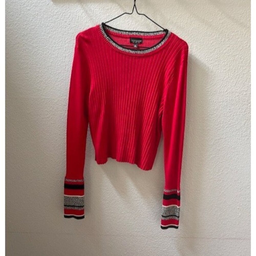 Long Sleeve Midriff Sweater (Red with Black/Gray/White Design) Size 10